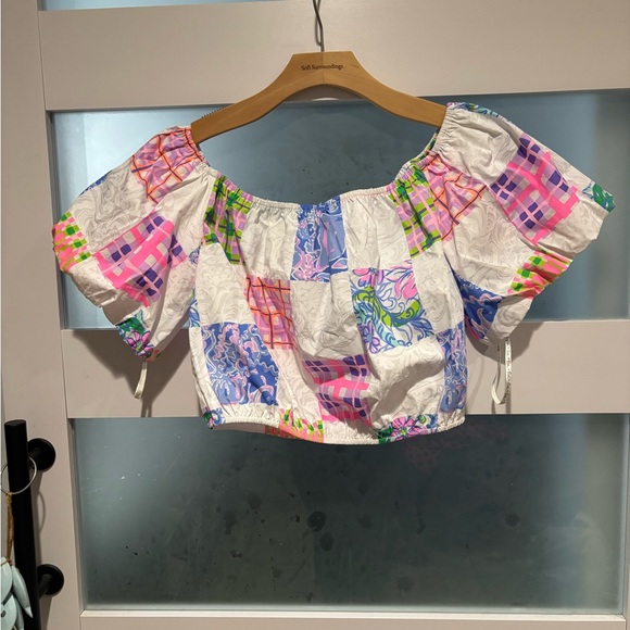 Lilly Pulitzer Tops - Lilly Pulitzer Esmeray off the shoulder top in the print "patch me if you can."